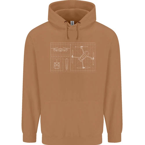Men's tan cotton hoodie with hood and drawstrings, front blueprint-style graphic