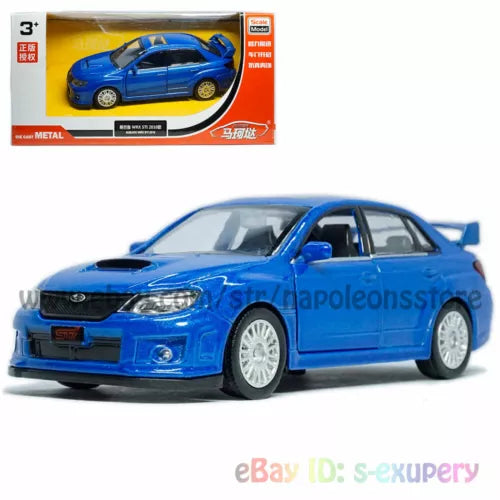 Blue diecast toy model car, front 3/4 view with black grille and alloy wheels
