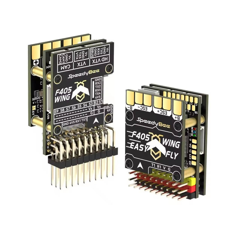 Mini flight controller PCB with F405 Easy Wing Fly lettering and gold pin header