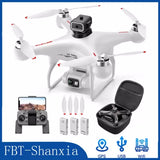 White quadcopter drone with 4K camera, controller, propellers, and carrying case