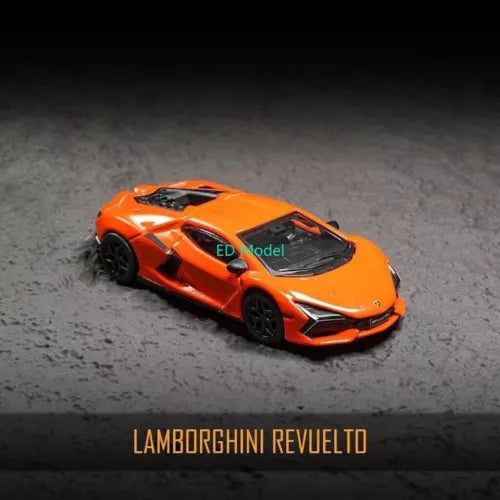 Orange Lamborghini Revuelto 1:64 diecast metal sports car model, front 3/4 view