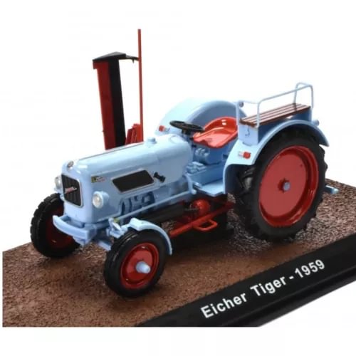 1:32 farm tractor diecast model, light blue with red wheels, on base
