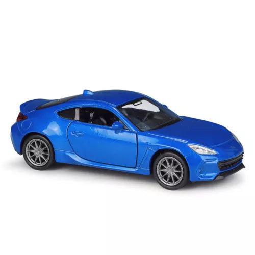 1:36 scale blue diecast pull-back toy car model with black wheels