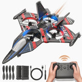 RC drone kit: red and gray remote control plane with blue lights, controller and parts