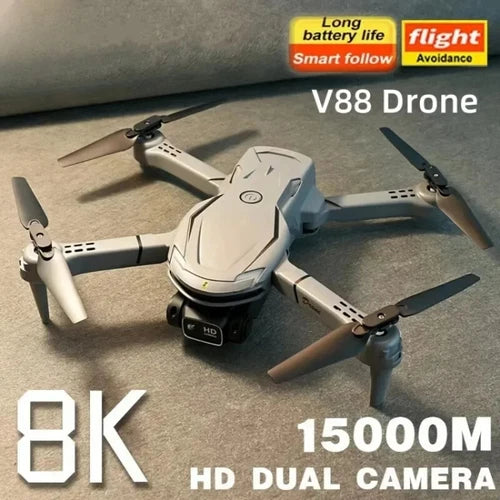 White quadcopter drone with 8K HD dual camera, four propellers and folded arms