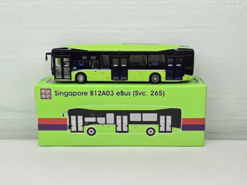Green and purple diecast single-decker bus model, side view with doors