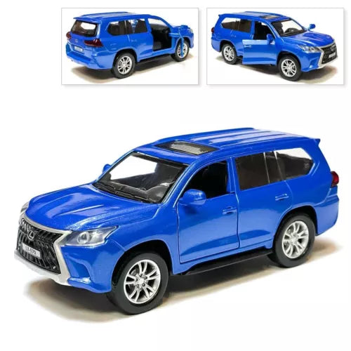Blue diecast model SUV car with doors, front three-quarter view, 1/36