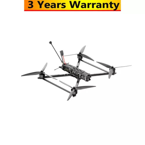 Black quadcopter racing drone with four propellers and compact camera mount