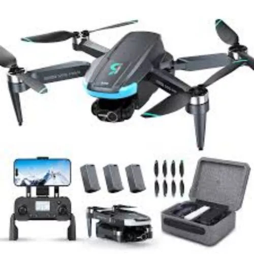 FPV quadcopter drone with 4 propellers, handheld controller, and carrying case