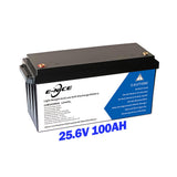 Lithium-ion battery pack with terminals, label showing E-Nice 25.6V 100AH, caution sticker