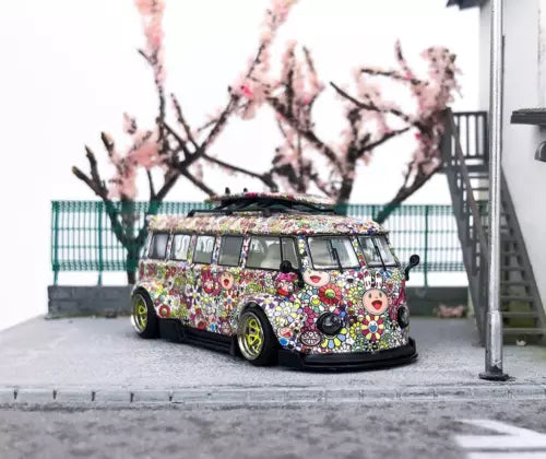 Sunflower-decorated camper van diecast model with colorful graphics