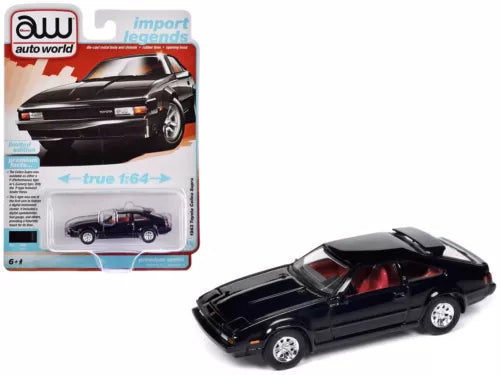 Black diecast sports car model with red interior detail, front 3/4 view