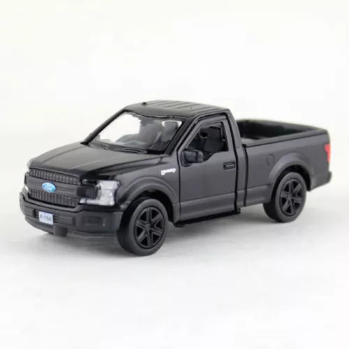 Matte black diecast Ford F-150 pickup model car with detailed grille and wheels