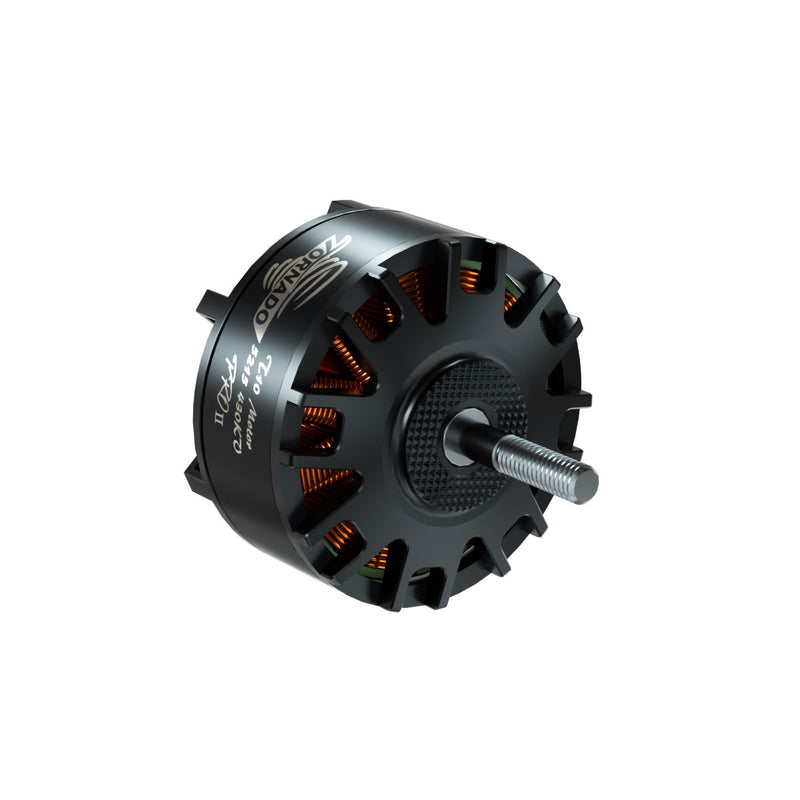 Drone motor with black housing, copper windings, and threaded prop-mount shaft