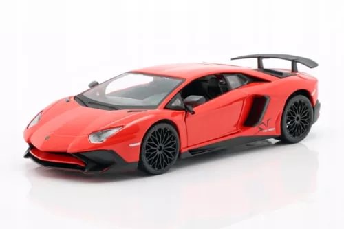 Red Lamborghini Aventador SV diecast model car with black accents, open doors, 1:24 scale