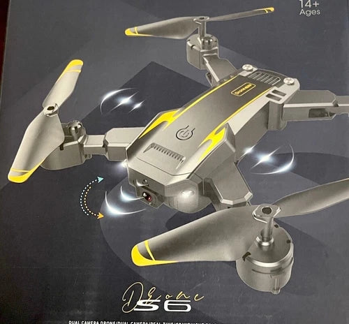 Gray quadcopter drone with yellow accents, dual camera, detachable propellers.