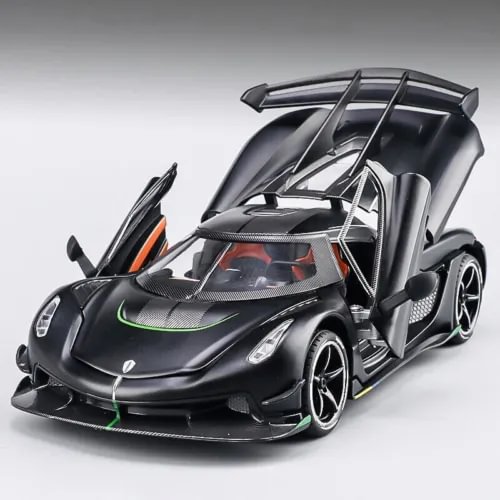1:24 scale diecast toy car with open doors, black sports car, detailed cockpit