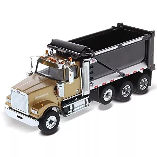 Diecast dump truck with tan cab and black dump bed, tandem wheels, pusher axle
