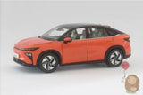 Orange 1/18 diecast alloy car model, side view with detailed wheels and headlights