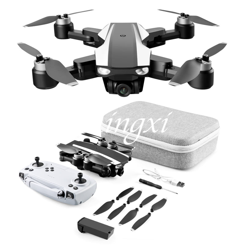 Camera drone kit with remote controller, spare parts, and gray carrying case
