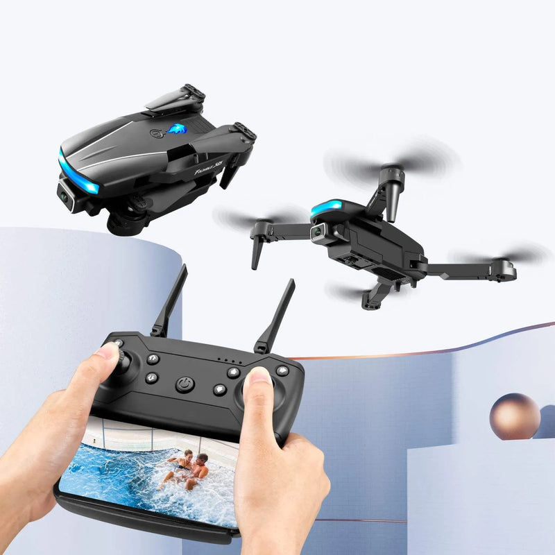 Racing drone with camera and handheld controller, gray with blue LED lights