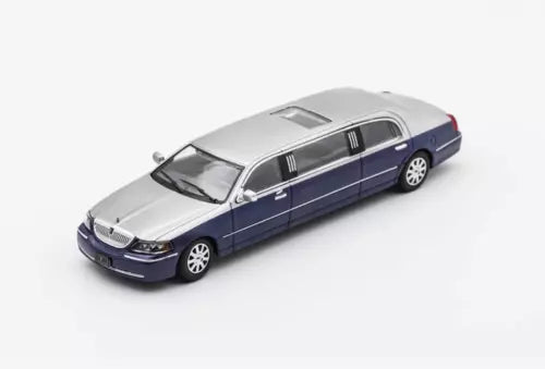 1:64 die-cast limousine model car, silver and blue, front 3/4 view