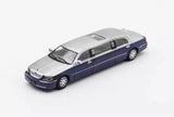 1:64 die-cast limousine model car, silver and blue, front 3/4 view