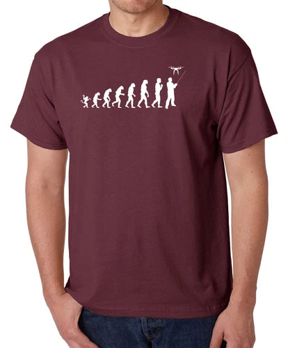 Maroon graphic T-shirt with white drone pilot evolution silhouettes