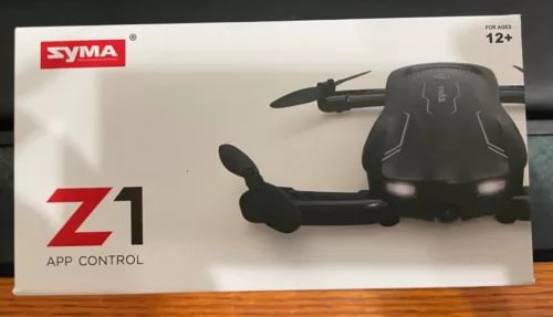 Foldable app-controlled drone box with SYMA Z1 graphic and drone illustration