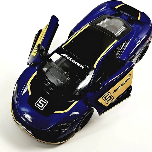 Blue die-cast sports car toy with black hood and McLaren-style decals