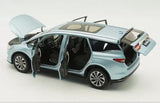 1:18 scale blue diecast MPV toy car with doors open, showing interior