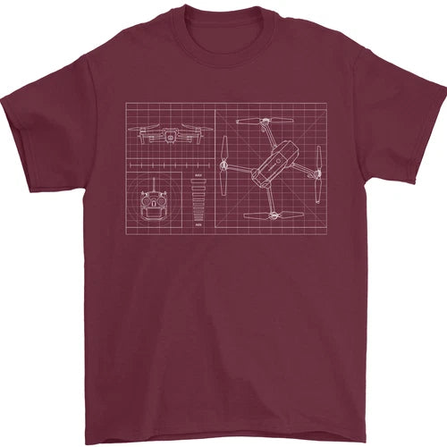 Burgundy men’s T-shirt with white drone blueprint print