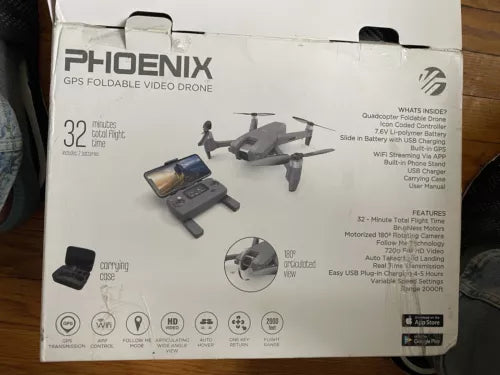 Foldable WiFi drone and remote on Phoenix box, shown in product packaging