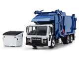 Diecast garbage truck with front loader and white/gray trash bin, blue cab