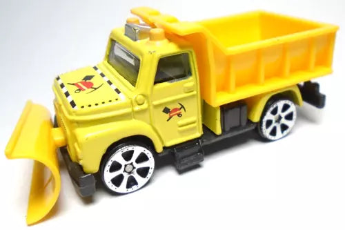 Yellow diecast maintenance truck with front snow plow and red decals, 1:64 scale