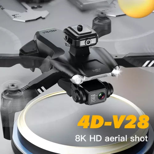 Foldable quadcopter drone with dual camera, black body, front stabilizer and propellers