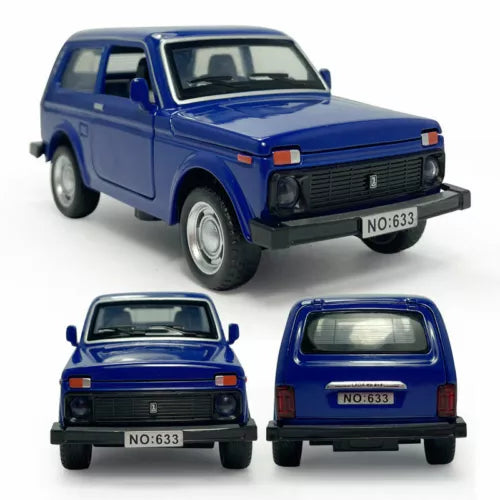 1:32 blue diecast toy SUV with black grille and front bumper, front 3/4 view