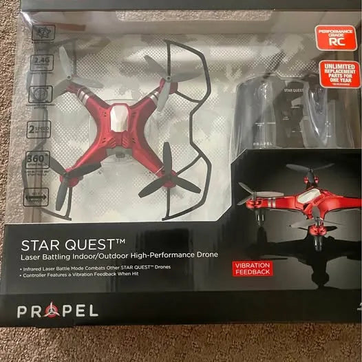 Red RC quadcopter drone with four propellers