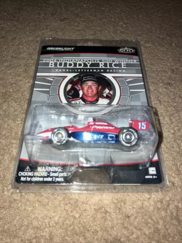 1:64 diecast race car in retail box, red and blue, #15, Buddy Rice