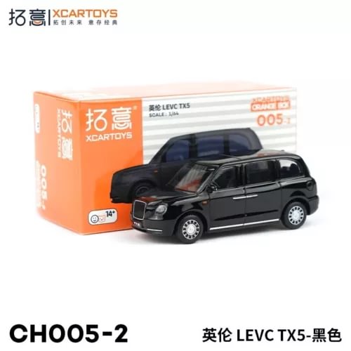 1:64 black diecast model car with box, front three-quarter view