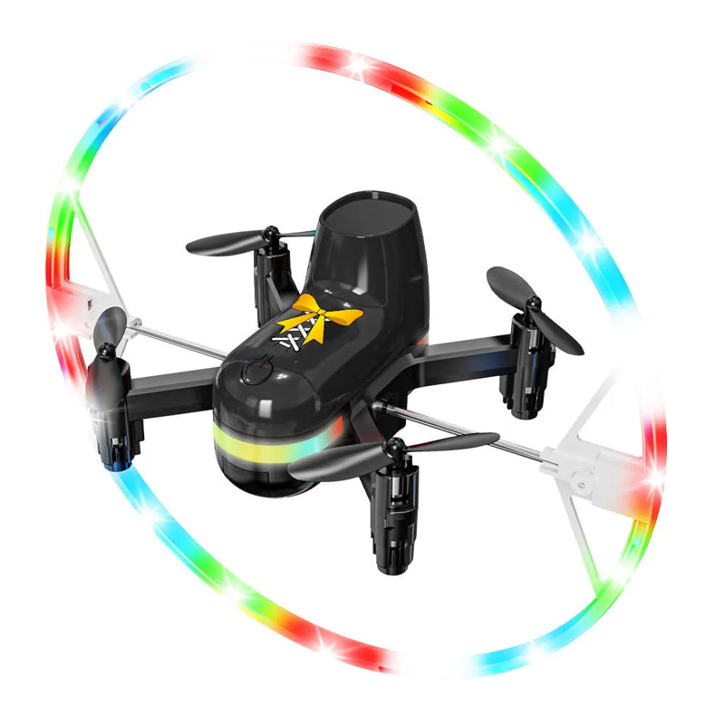 Black mini RC quadcopter drone with 4 propellers and glowing LED lights