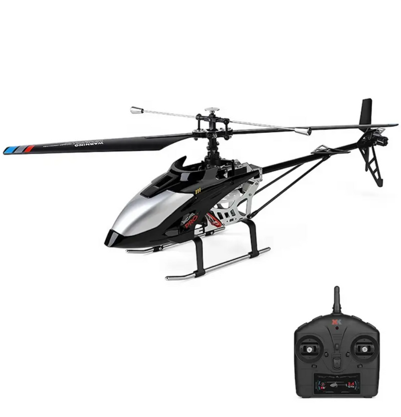 RC helicopter with black controller, single main rotor and skid landing gear