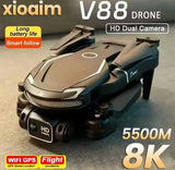 Dual-camera quadcopter drone with front camera module, beige and black body