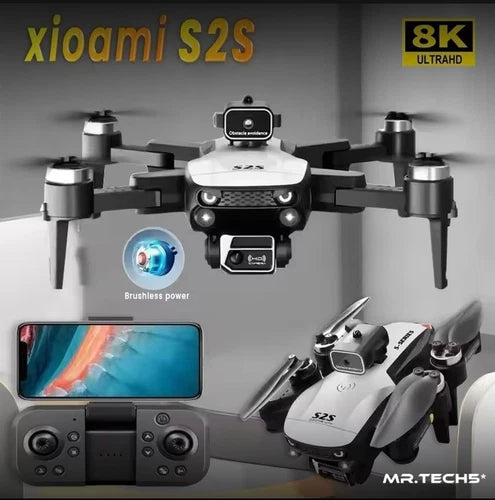 White quadcopter drone with front camera and four propeller arms