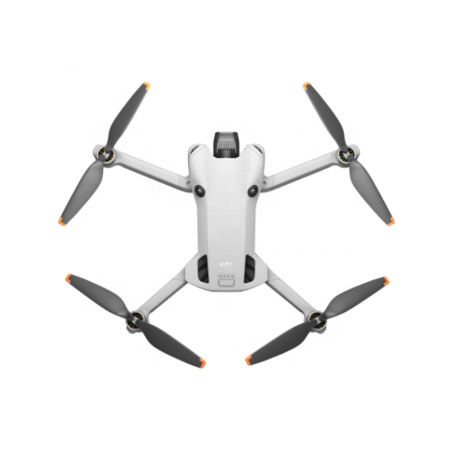 White quadcopter drone with four folding arms and four orange-tipped propellers