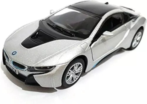 Silver BMW i8 1:36 diecast model car with black hood and front intakes