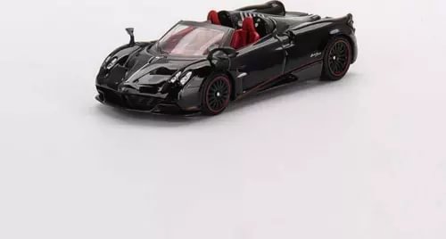 Black diecast roadster model car with red interior, open top, 1:64 scale