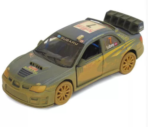 1:36 diecast rally car model, yellow with gray front, number 7 decals, roll cage