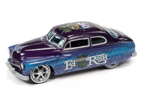 Purple and blue custom 1949 Mercury coupe diecast toy car with chrome wheels