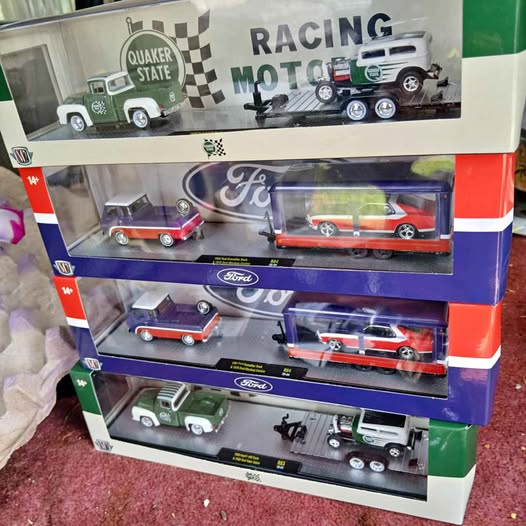Diecast car collection in retail box, with multiple cars and Ford-style models visible